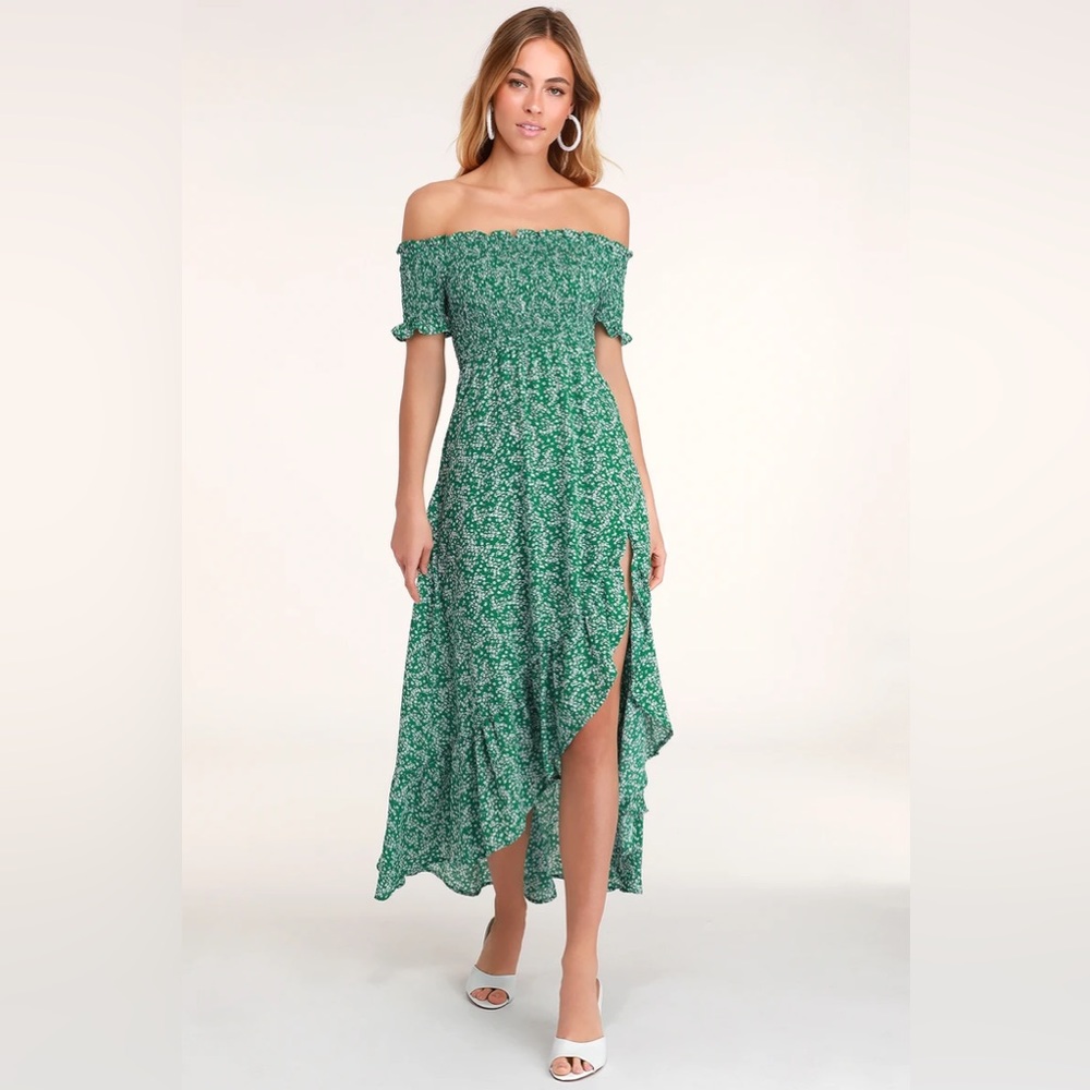 Lulu’s Fleur-tation Green Floral Print Off-the-Shoulder Midi Dress ✨WORN ONCE✨
